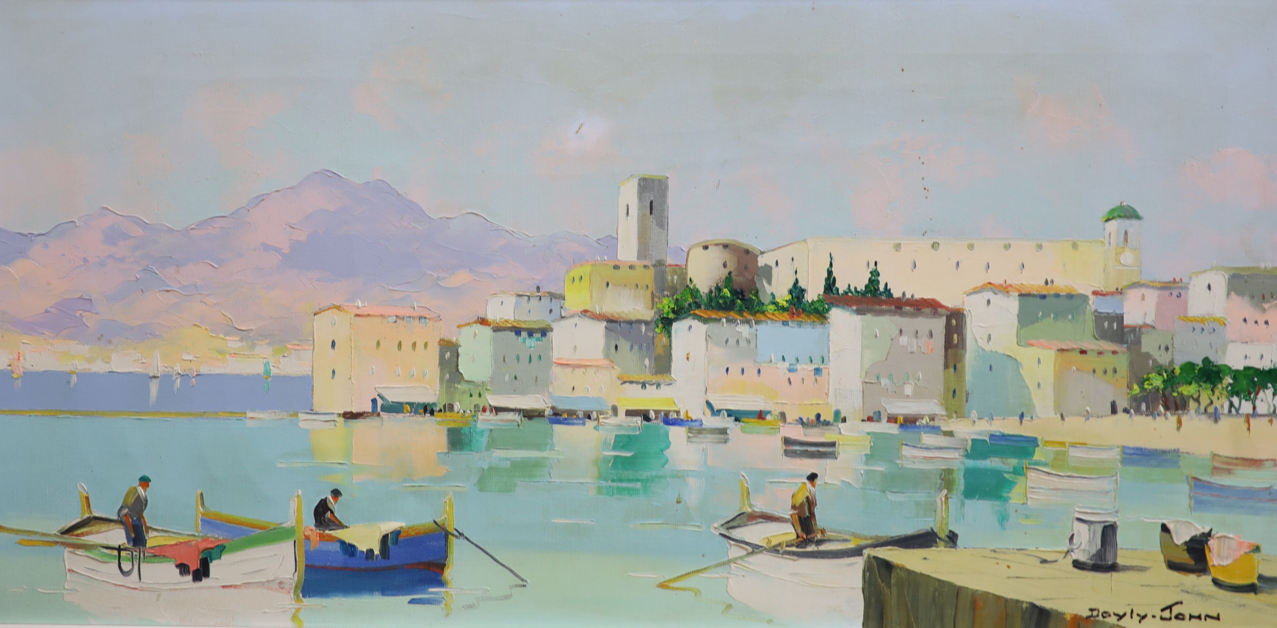 Cecil Rochfort D'Oyly John (1906-1993), Cannes Bay, French Riviera, Esterel Mountains behind, oil on canvas, 34 x 70cm